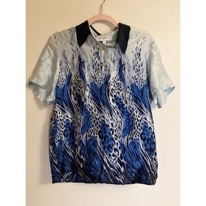 Vintage Balla Valentina 100% Silk Short Sleeve Blouse Blue Animal Print Size L